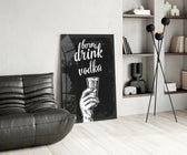 Vodka panel adding editorial wit to a kitchen