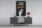 Bourbon panel catching directional light to reveal its bar-room wit