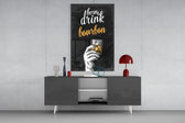 Bourbon panel catching directional light to reveal its bar-room wit