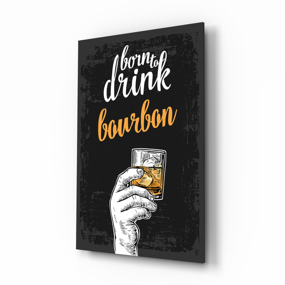 Bourbon glass wall art displayed above a leather chesterfield in a moody man cave with reclaimed-wood console and brass arc lamp