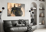 Black Adam glass wall art styled above a console in a gaming room