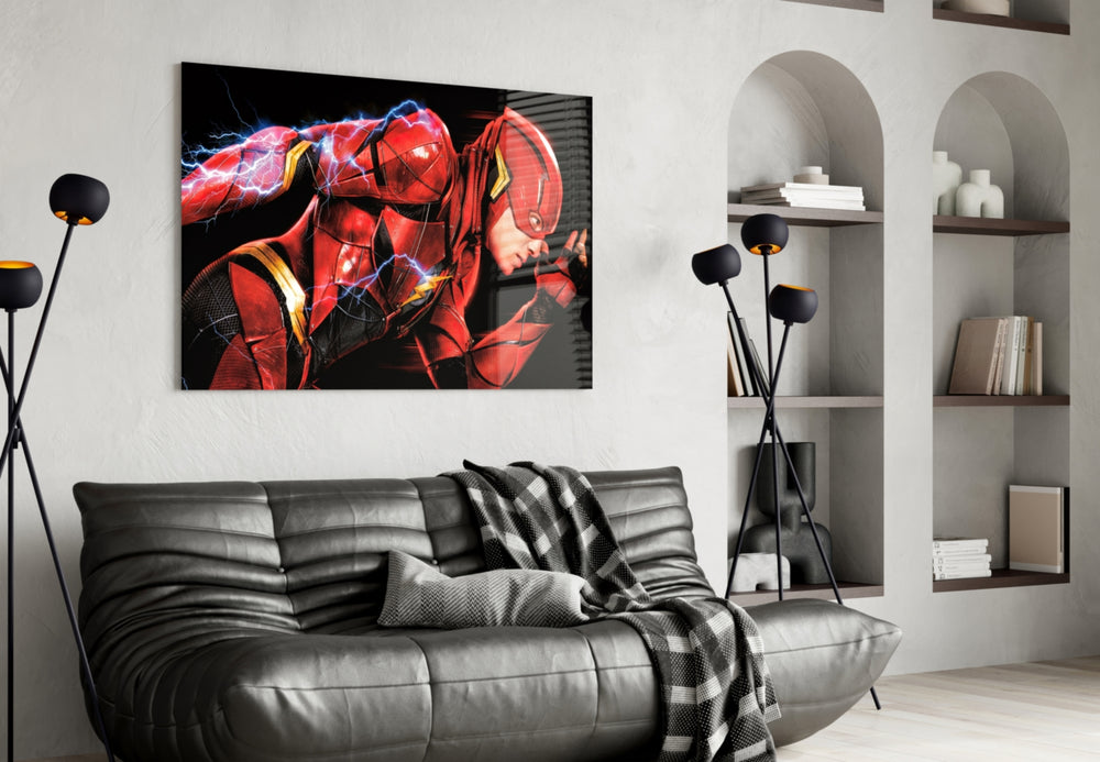 Flash glass wall art styled above a console in a gaming room