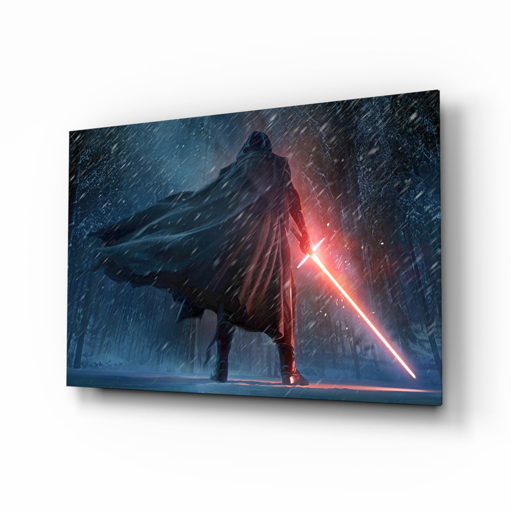Lightsaber glass wall art displayed above a black leather sectional in a home theater with brass arc lamp and reclaimed-wood console