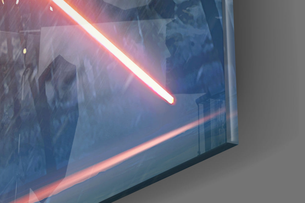 Lightsaber artwork anchoring a wall with moody dramatic palette
