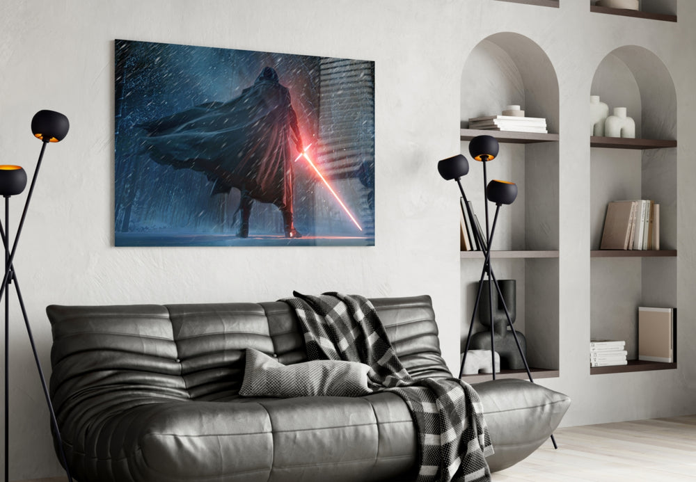 Lightsaber glass wall art styled above a desk in a kids room