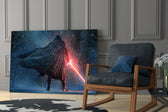 Lightsaber glass print enhancing a teen lounge with cinematic mood