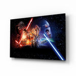 Star Wars glass wall art displayed above a black leather sectional in a home theater with brass arc lamp and reclaimed-wood console