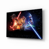 Star Wars glass wall art displayed above a black leather sectional in a home theater with brass arc lamp and reclaimed-wood console