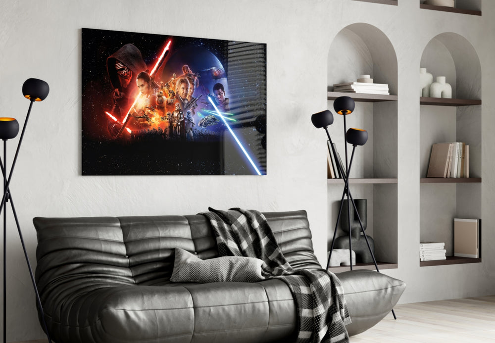 Star Wars glass wall art styled above a desk in a kids room
