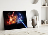 Star Wars close-up showing Kylo Ren Rey Finn and stormtroopers across a starfield