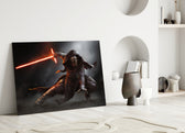 Kylo Ren close-up showing Sith crouched mid-stance with crossguard crimson saber