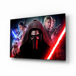 Kylo Ren glass wall art displayed above a black leather sectional in a home theater with brass arc lamp and reclaimed-wood console