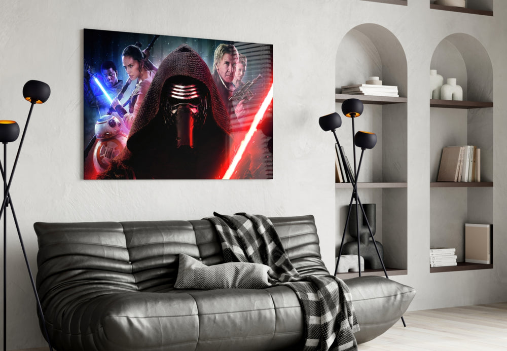 Kylo Ren glass wall art styled above a console in a gaming room