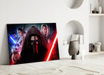 Kylo Ren close-up showing Sith center with Rey Finn and Han Solo flanking