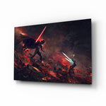 Darth Vader vs Ahsoka Tano glass wall art displayed above a black leather sectional in a home theater with brass arc lamp and reclaimed-wood console