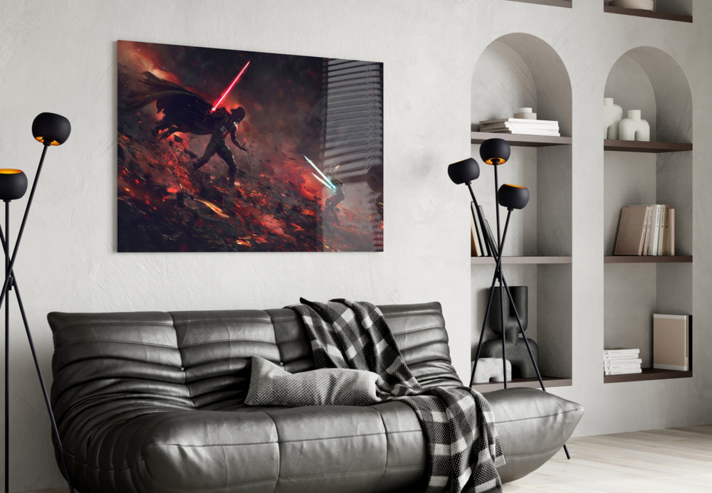 Darth Vader vs Ahsoka Tano glass wall art styled above a console in a gaming room