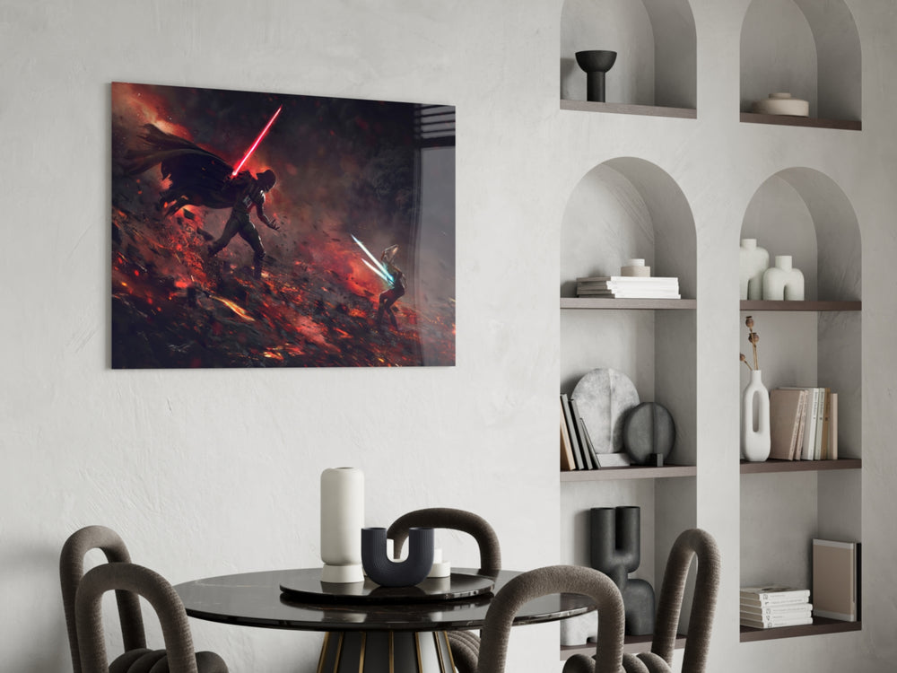 Darth Vader vs Ahsoka Tano panel adding editorial drama to a man cave