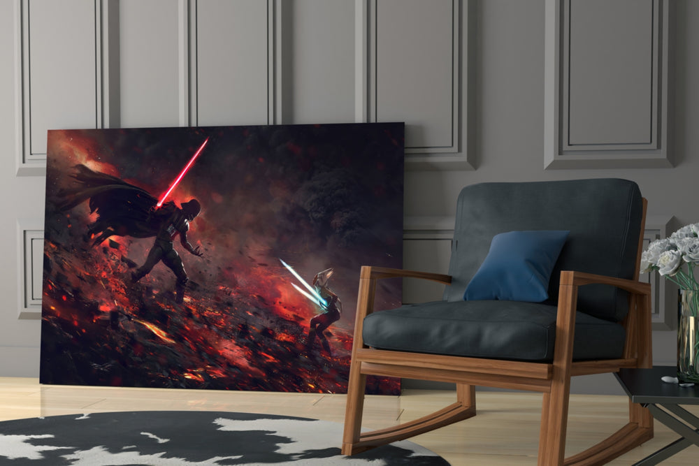 Darth Vader vs Ahsoka Tano glass print enhancing a teen lounge with cinematic mood