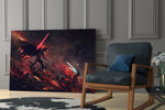 Darth Vader vs Ahsoka Tano glass print enhancing a teen lounge with cinematic mood