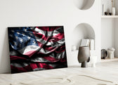 Flag of the United States close-up showing windswept silk with stars on crimson stripes