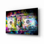100 Dollars glass wall art displayed above a walnut desk in a finance office with brass picture light and matte-black shelving