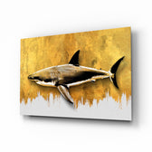 Shark glass wall art displayed above a leather sofa in a contemporary lounge with walnut console and brass picture light