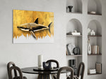 Shark panel adding editorial drama to a man cave