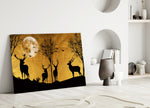 Deers close-up showing four stags silhouetted before a textured gold-leaf moon