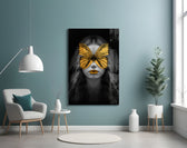 Butterfly Eyes glass wall art styled above a console in a hallway