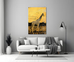 Giraffe close-up showing lone giraffe against textured gold-leaf sky