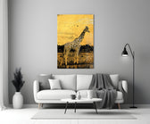 Giraffe close-up showing lone giraffe against textured gold-leaf sky