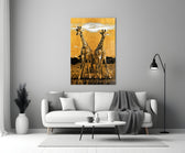 Giraffes close-up showing symmetric pair on textured gold-leaf horizon