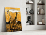 Giraffes glass print enhancing a living room with cinematic warmth