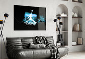 Michael Jordan glass wall art styled above a desk in an office