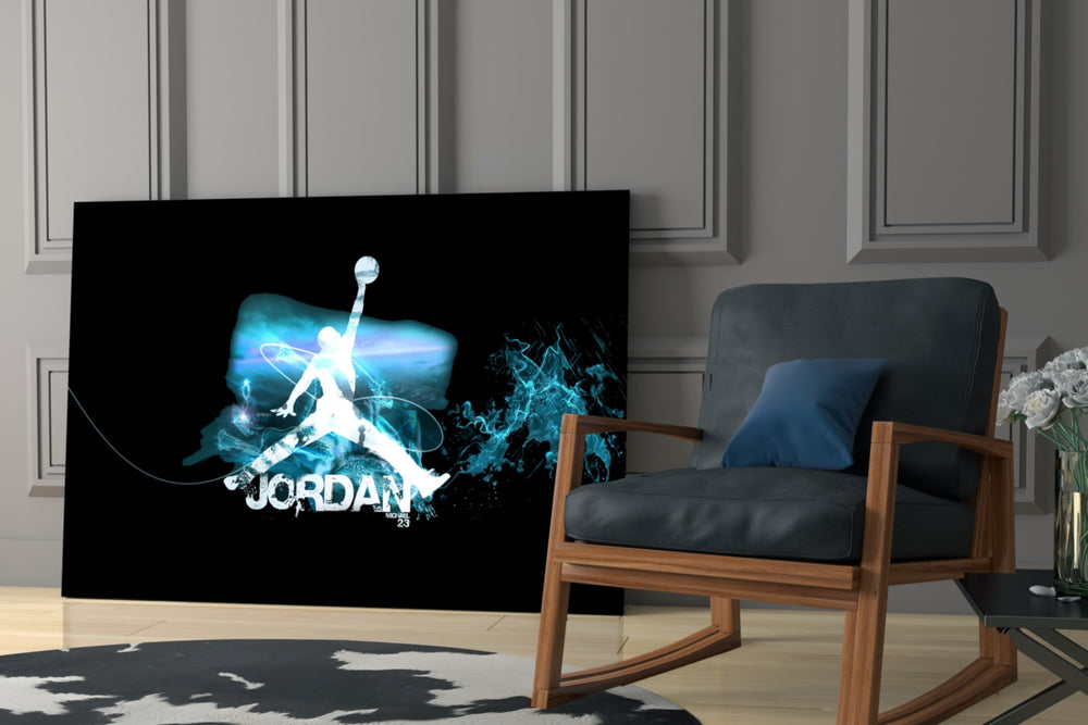 Michael Jordan glass print enhancing a teen lounge with cinematic mood