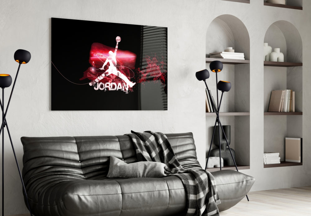 Michael Jordan glass wall art styled above a desk in an office