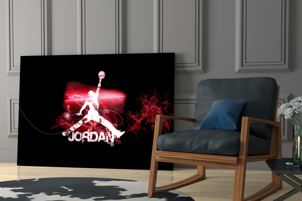 Michael Jordan glass print enhancing a teen lounge with cinematic mood