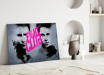 Fight Club Poster close-up showing two faces and magenta FIGHT CLUB spray tag on concrete