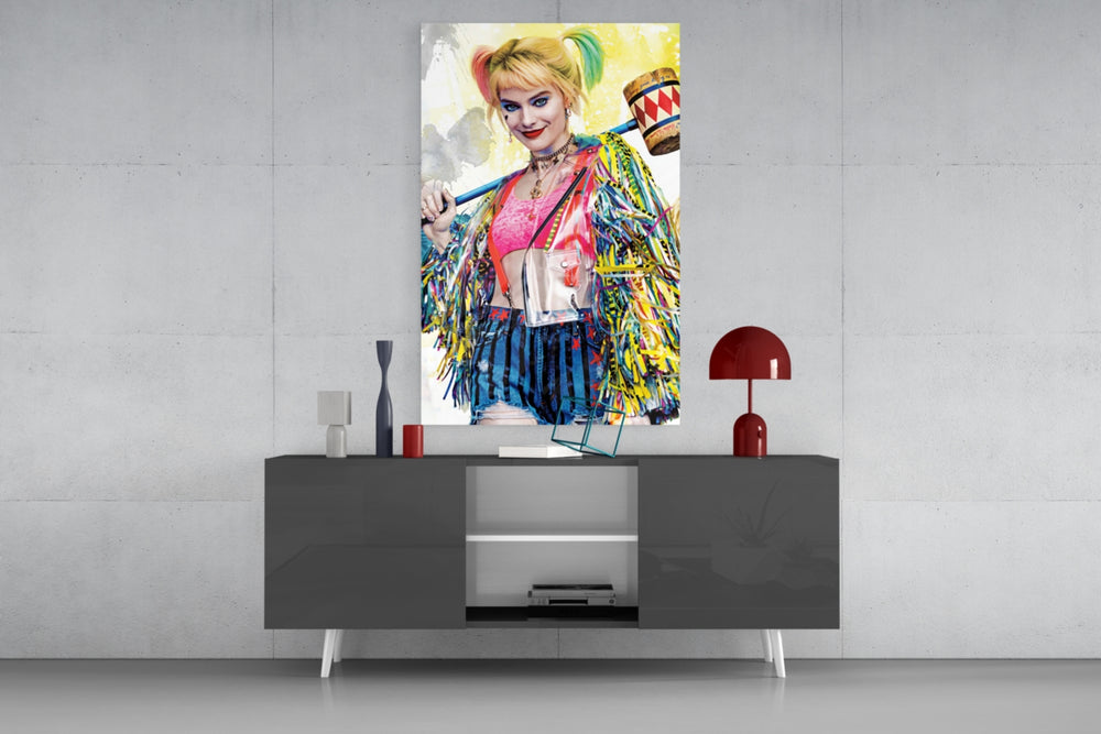 Harley Quinn panel catching directional light to reveal its electric mischief