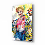 Harley Quinn glass wall art displayed above a velvet bed in a magenta teen lounge with rattan nightstands and brushed-brass sconces