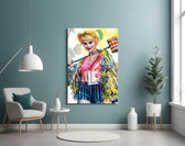 Harley Quinn glass wall art styled above a console in a hallway