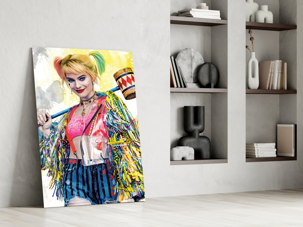Harley Quinn glass print enhancing a home theater with cinematic mood
