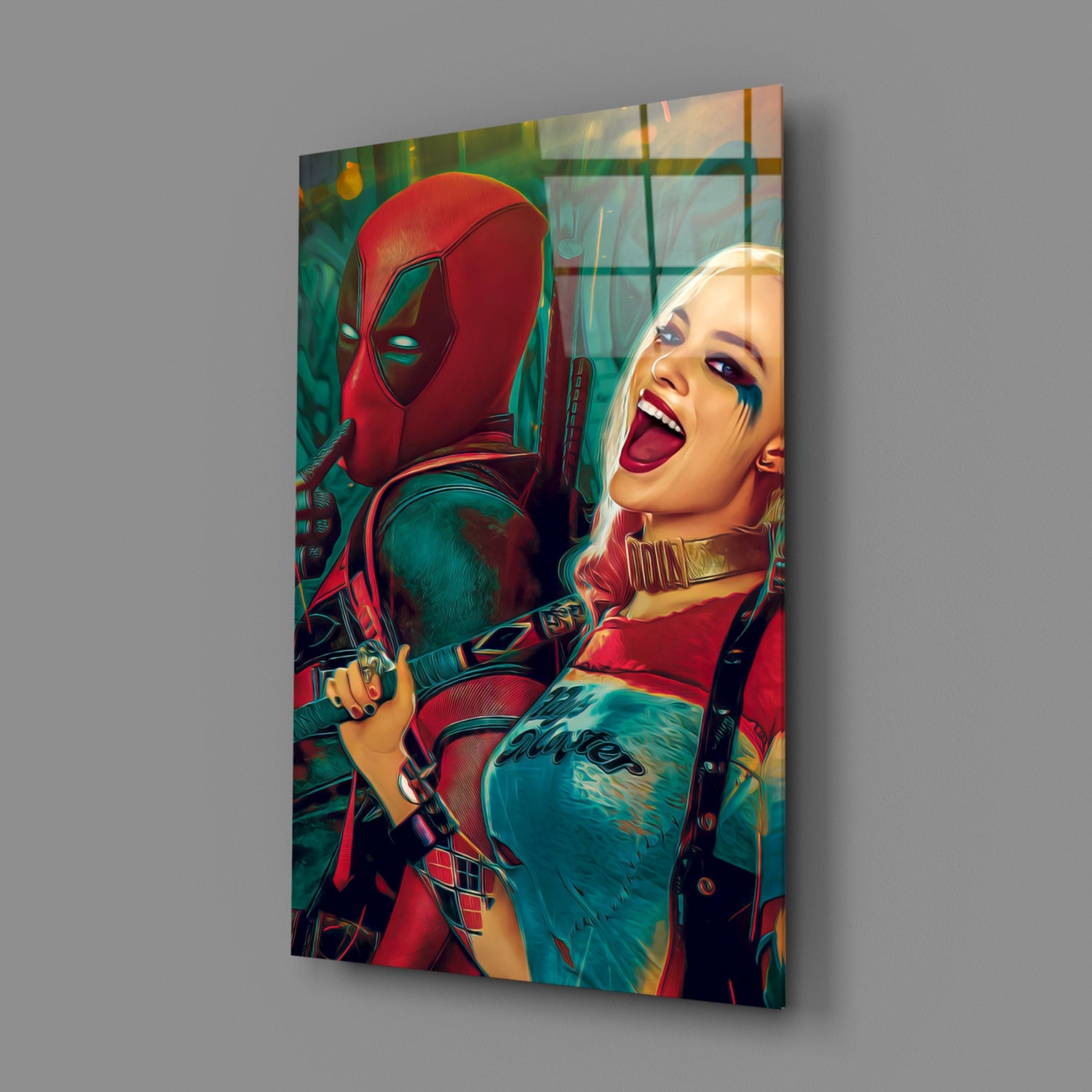 Harley Quinn and Deadpool Glass Wall Art.
