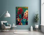 Harley Quinn and Deadpool glass wall art styled above a console in a hallway