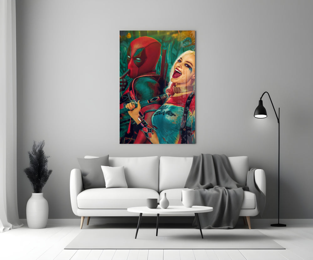 Harley Quinn and Deadpool close-up showing painterly duo with hush gesture and laughing pose