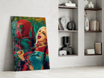 Harley Quinn and Deadpool glass print enhancing a home theater with cinematic mood