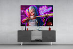 Harley Quinn panel catching screen glow to reveal its electric mischief