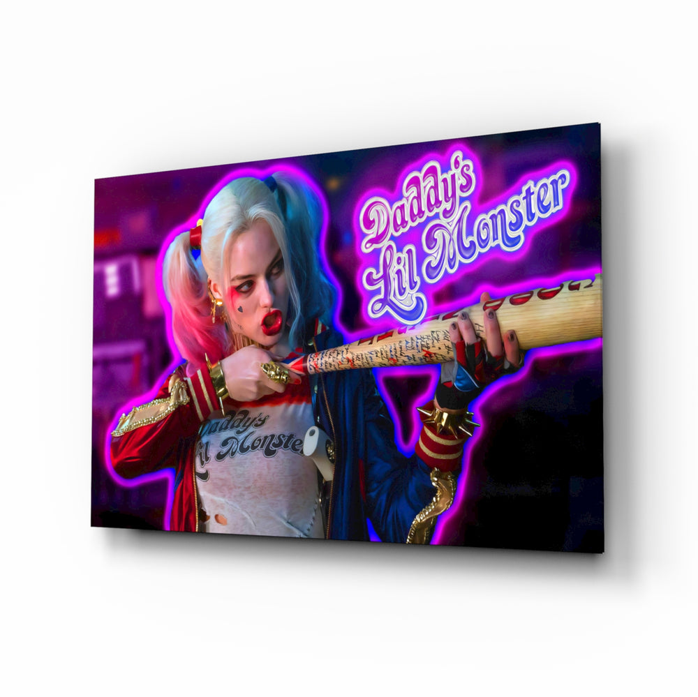 Harley Quinn glass wall art displayed above a velvet sofa in a moody teen lounge with neon LED strip and matte-black coffee table