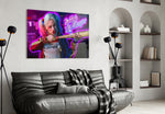 Harley Quinn glass wall art styled above a console in a hallway