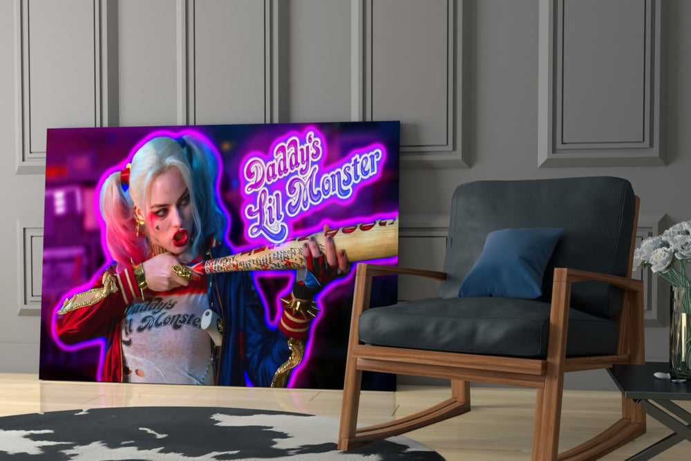 Harley Quinn glass print enhancing a home theater with cinematic mood